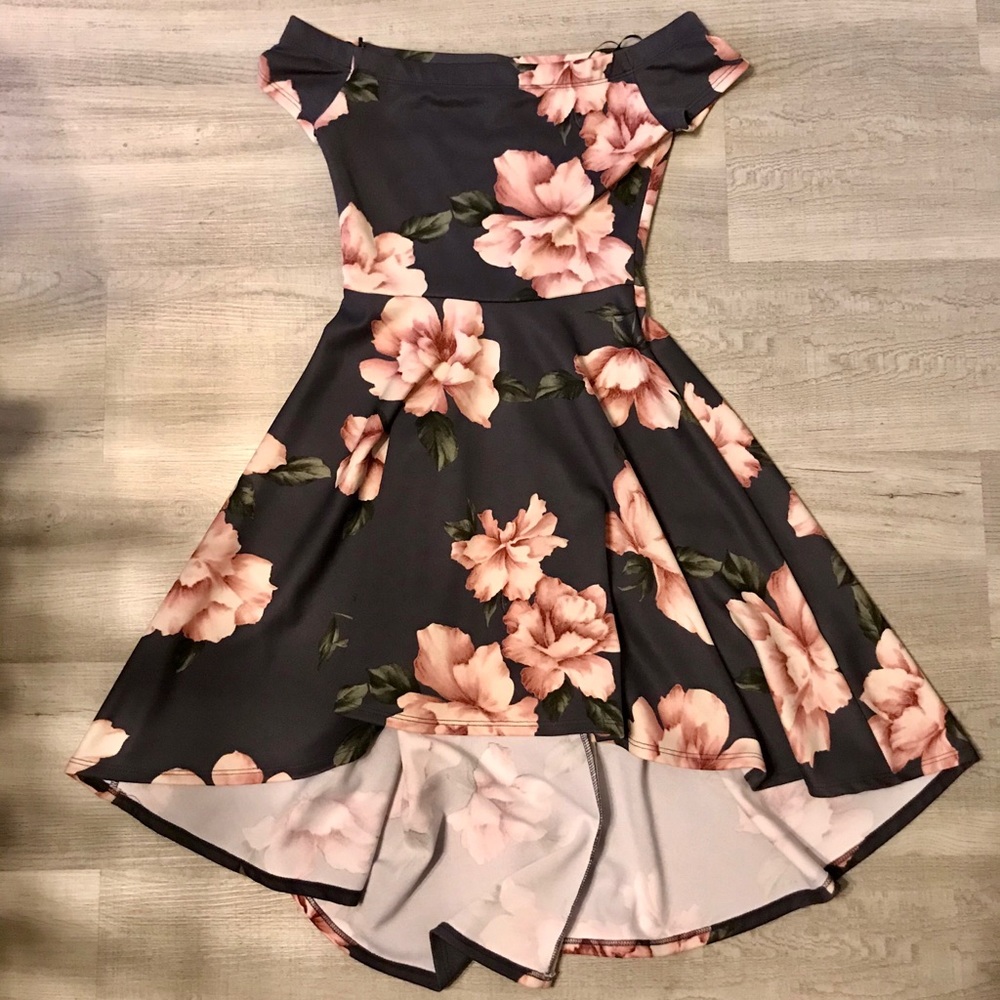 Windsor high-low off the shoulder dress